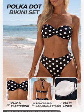 Black White Polka Dot Bikini Set Women L Strapless Bandeau High Cut Swimwear